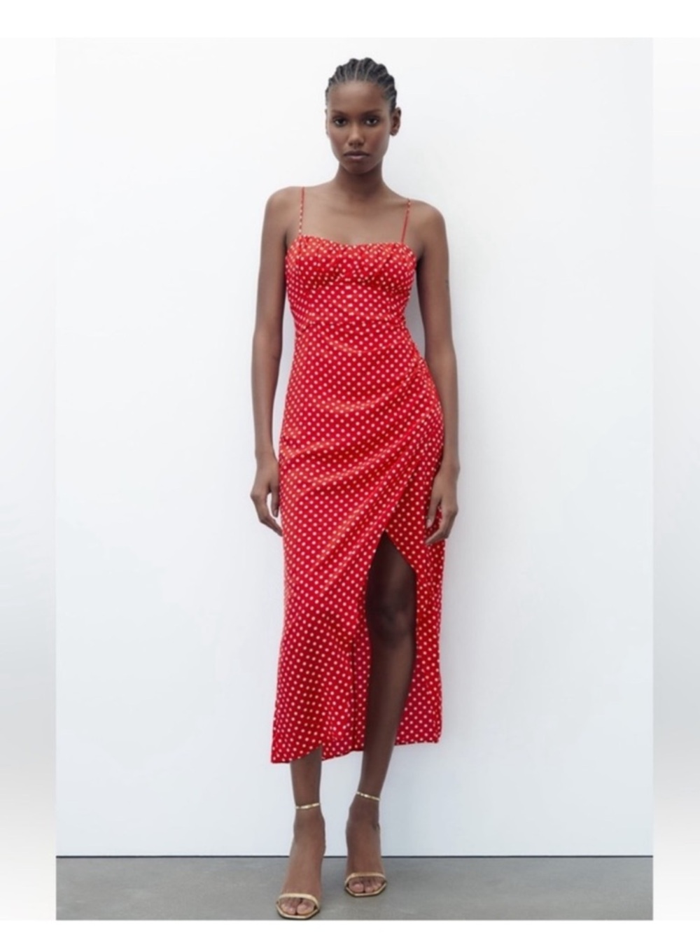 Zara Red Polka Dot Midi Slip Dress with Side Slit
